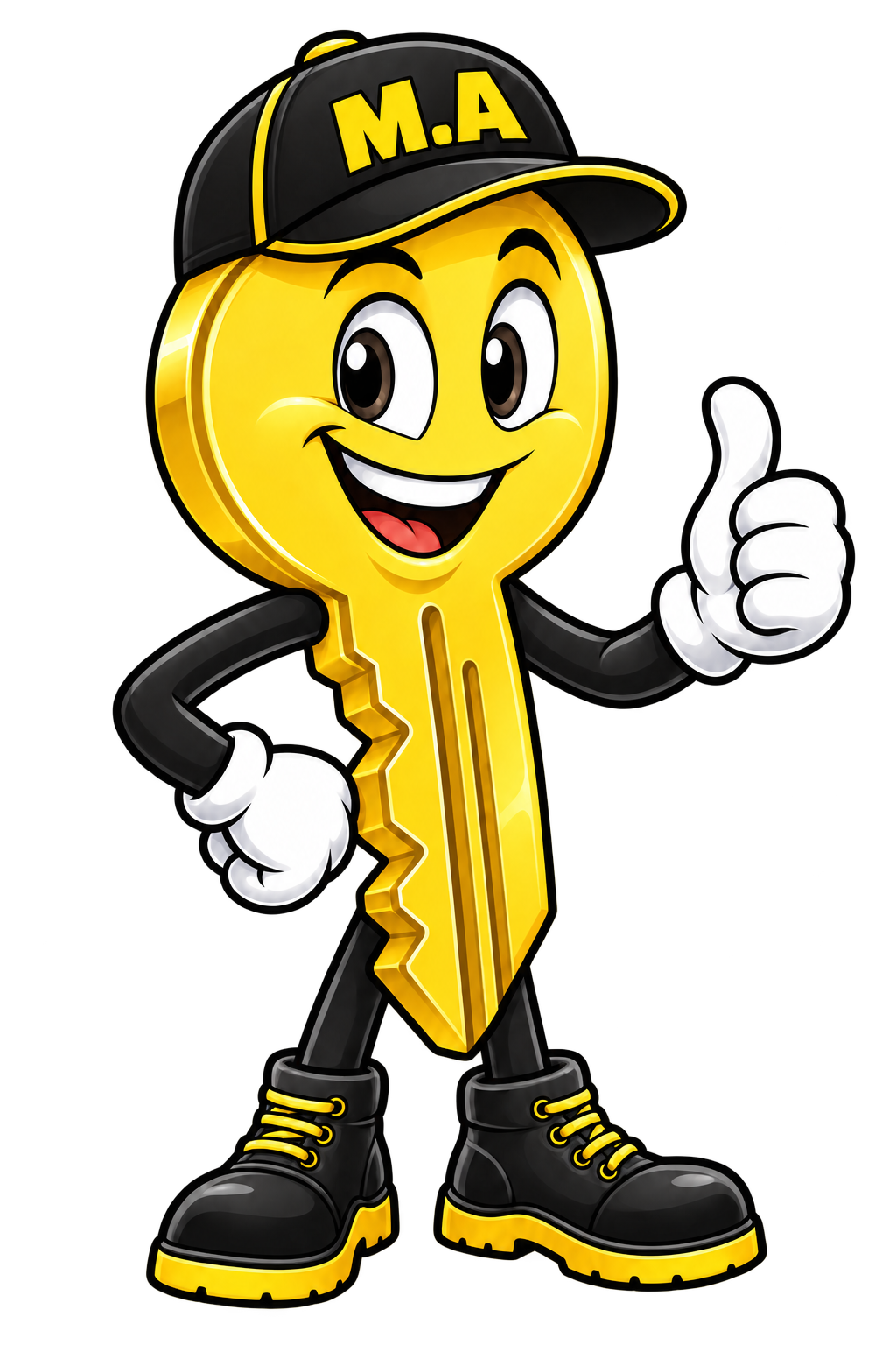 Mascote em forma de chave dourada usando boné da M.A Chaveiro e fazendo sinal positivo